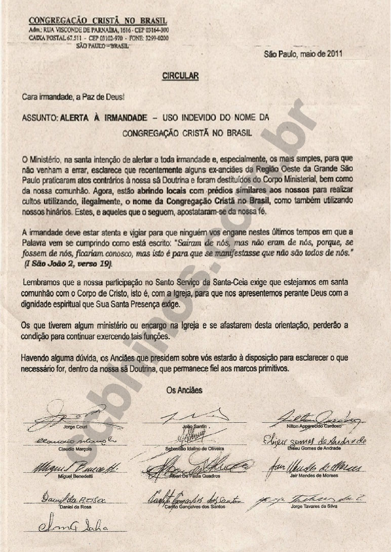 Circular 2011 - Uso indevido do nome da Congregação Cristã no Brasil